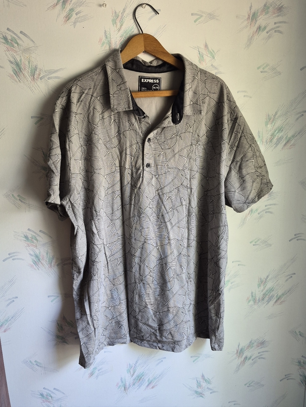 Express Men's Short Sleeve Polo Shirt XXL Palm Print Gray Black Stretch
